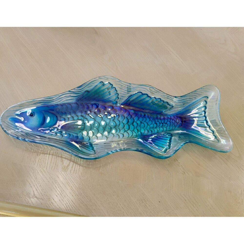 Blue Glass Fish Decorative Serving Dish, Coastal Centerpiece Platter, 18" Tray - Picture 6 of 9